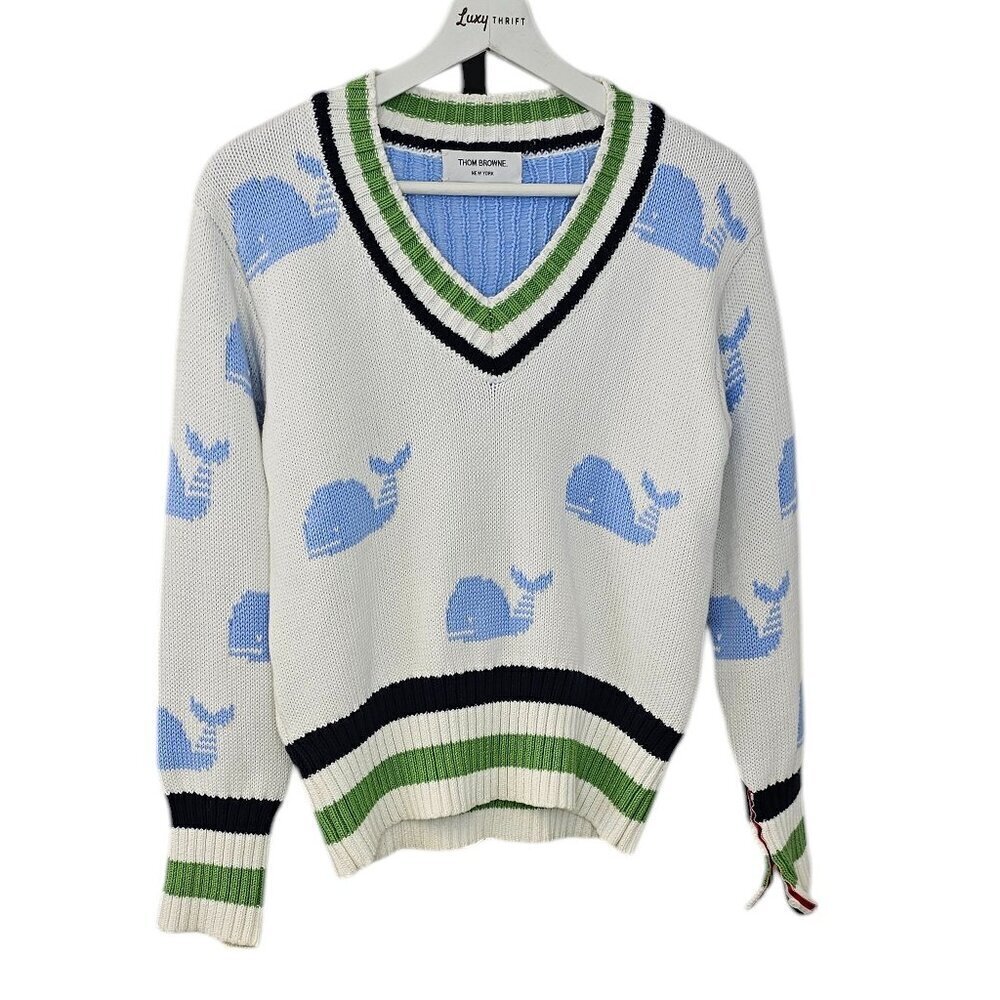 Thom Browne Womens V-Neck Whale Knit Cotton Sweater, Striped, Size 36